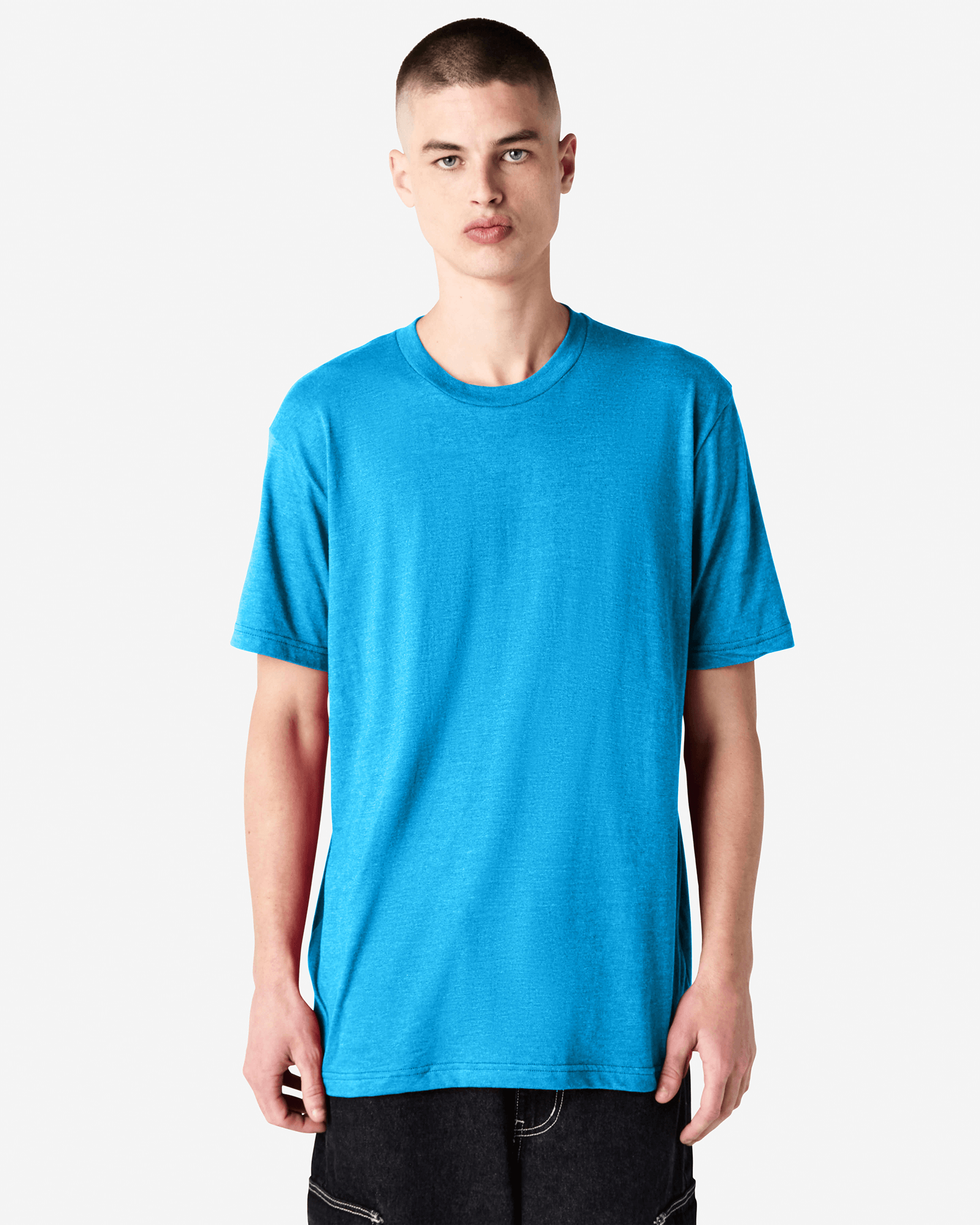 Male model wearing heather teal colour CVC Unisex Short Sleeve Crew Neck Tee (front pose) -heather teal