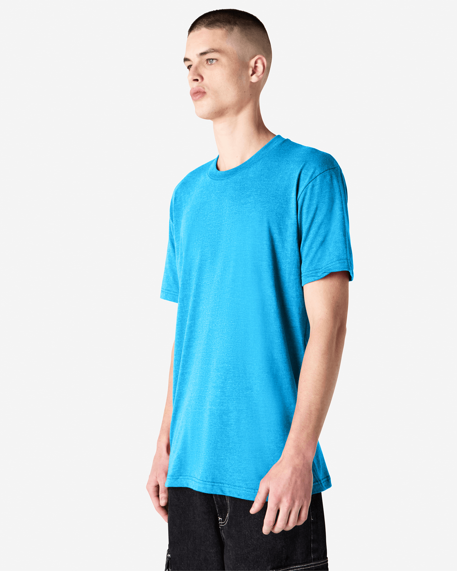 Male model wearing heather teal colour CVC Unisex Short Sleeve Crew Neck Tee (front pose) -heather teal