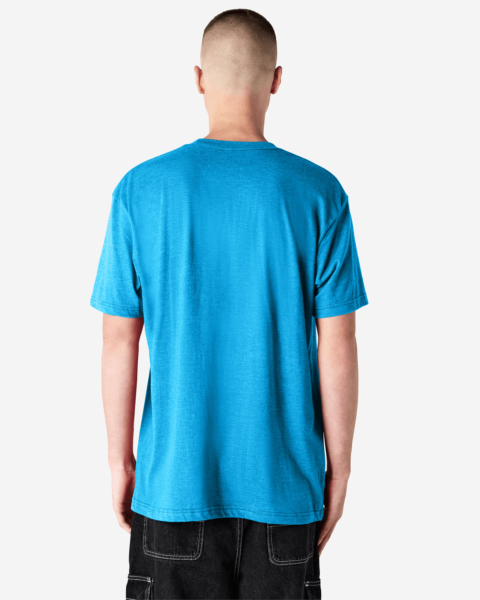 Male model wearing heather teal colour CVC Unisex Short Sleeve Crew Neck Tee (back pose) -heather teal