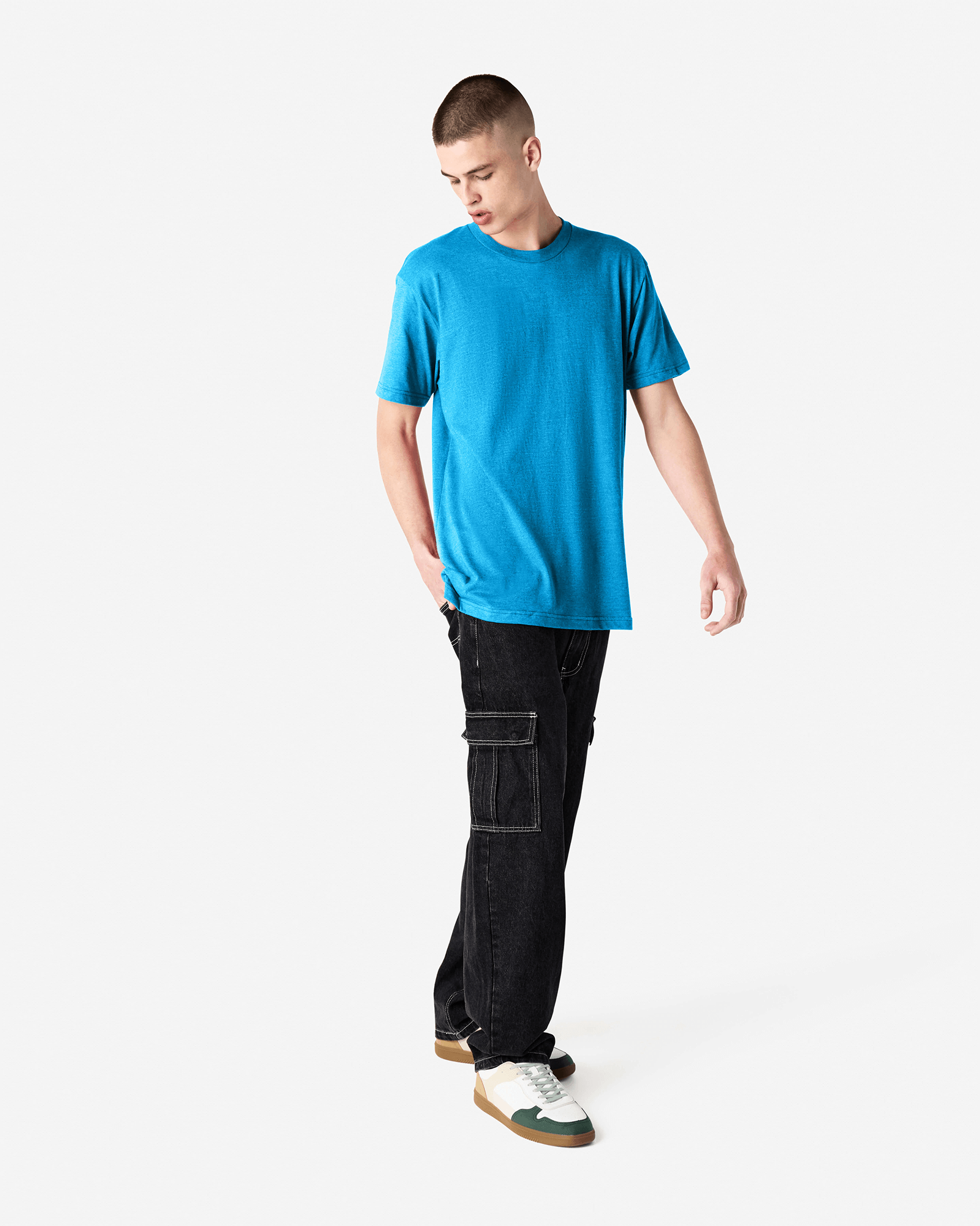 Male model wearing heather teal colour CVC Unisex Short Sleeve Crew Neck Tee (front pose) -heather teal