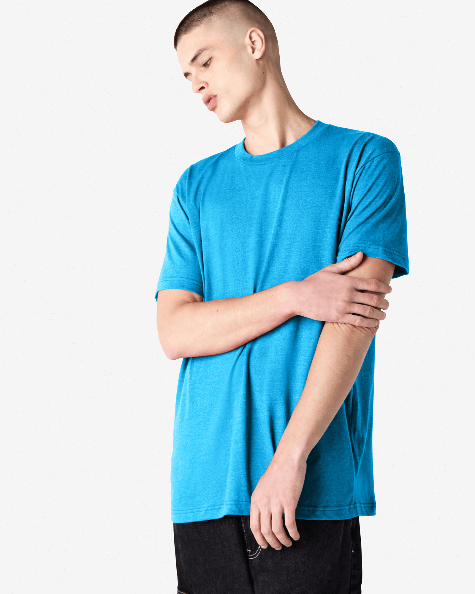 Male model wearing heather teal colour CVC Unisex Short Sleeve Crew Neck Tee (front pose) -heather teal