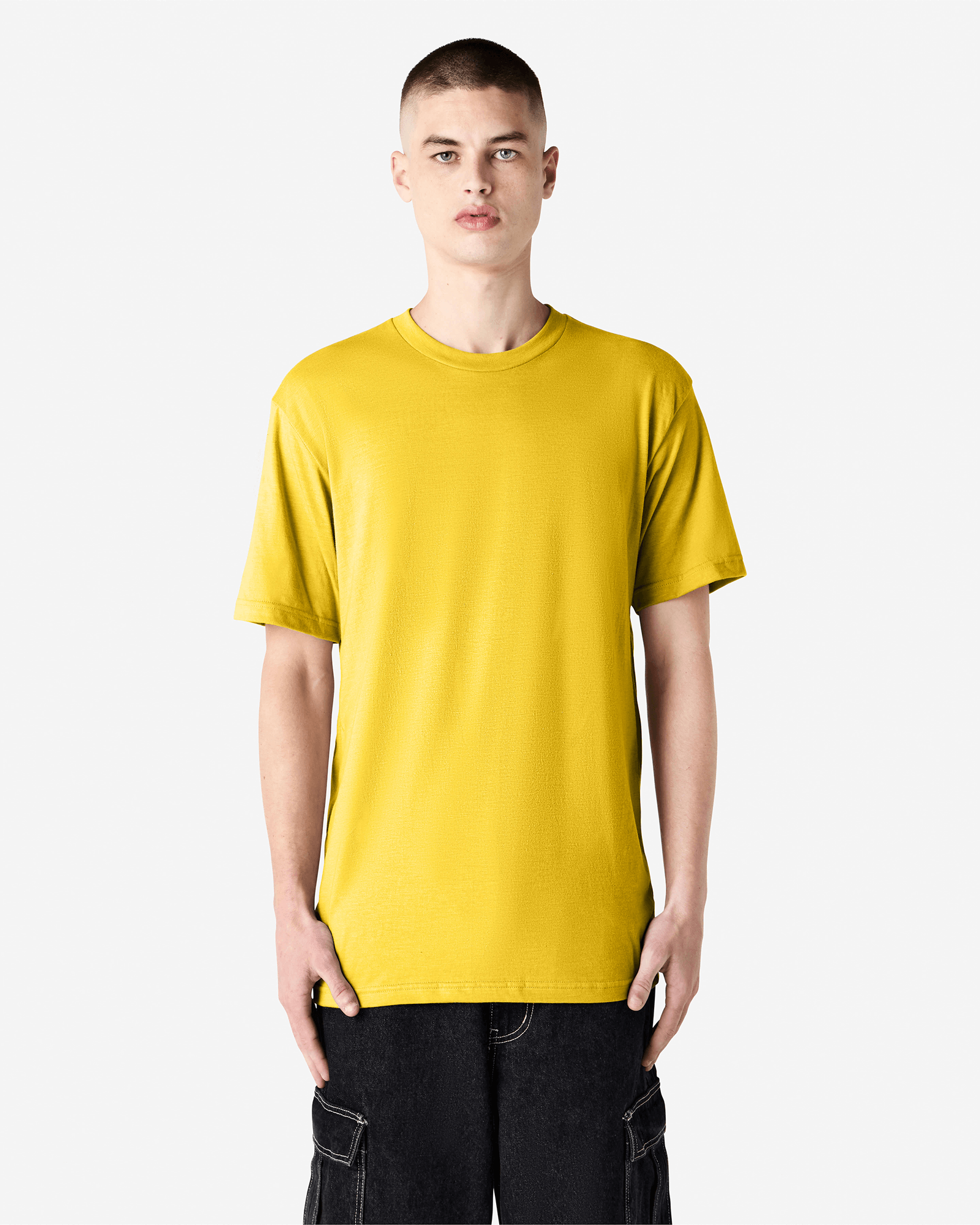 Male model wearing heather yellow colour CVC Unisex Short Sleeve Crew Neck Tee (front pose) -heather yellow