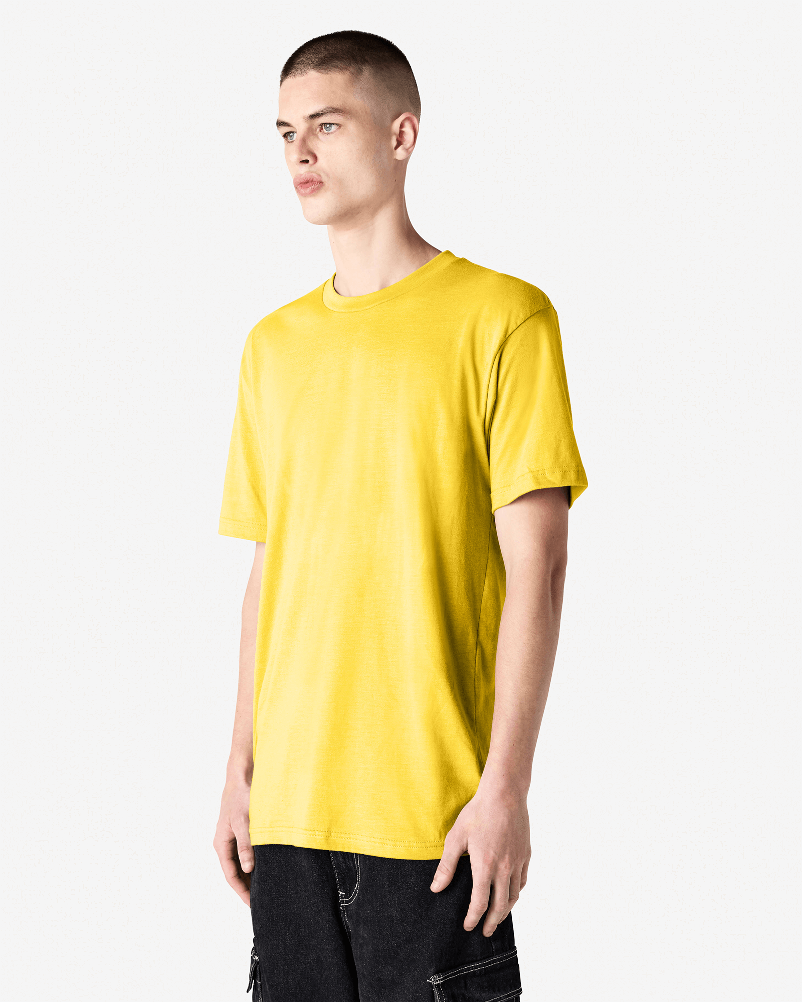 Male model wearing heather yellow colour CVC Unisex Short Sleeve Crew Neck Tee (front pose) -heather yellow