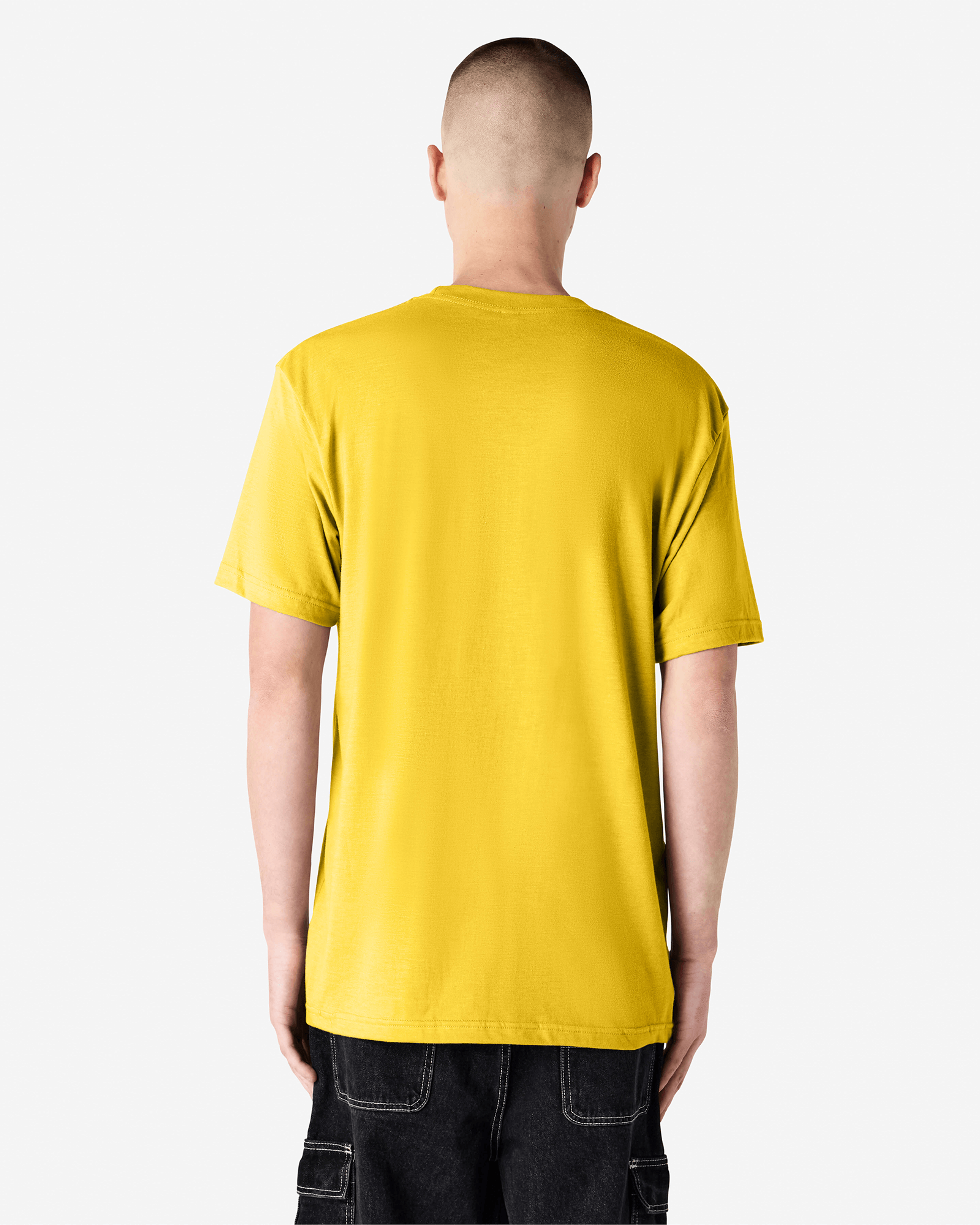 Male model wearing heather yellow colour CVC Unisex Short Sleeve Crew Neck Tee (back pose) -heather yellow