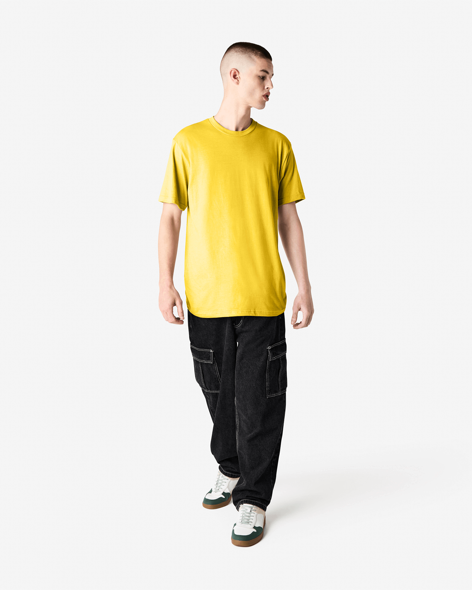 Male model wearing heather yellow colour CVC Unisex Short Sleeve Crew Neck Tee (front pose) -heather yellow