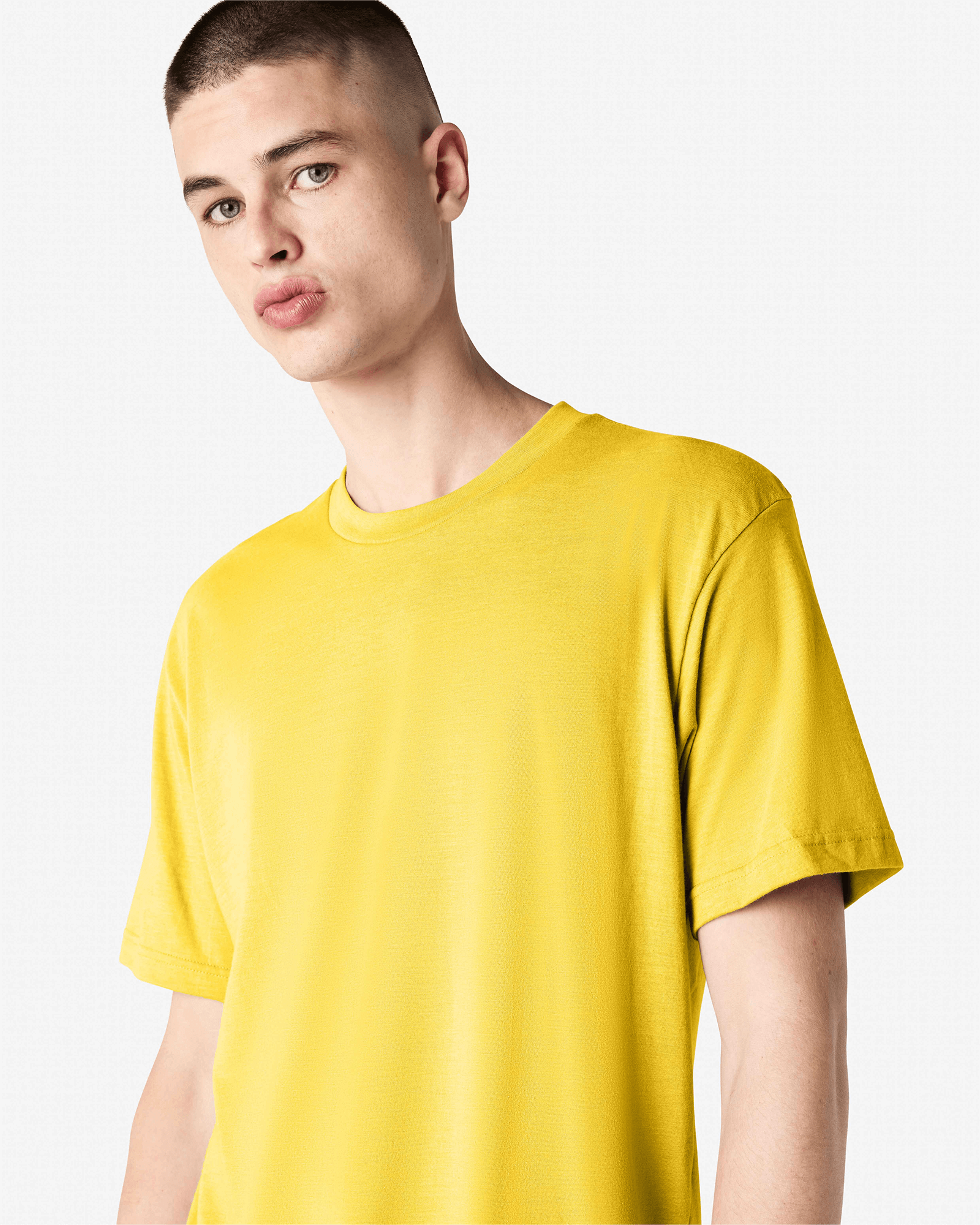 Male model wearing heather yellow colour CVC Unisex Short Sleeve Crew Neck Tee (front pose) -heather yellow