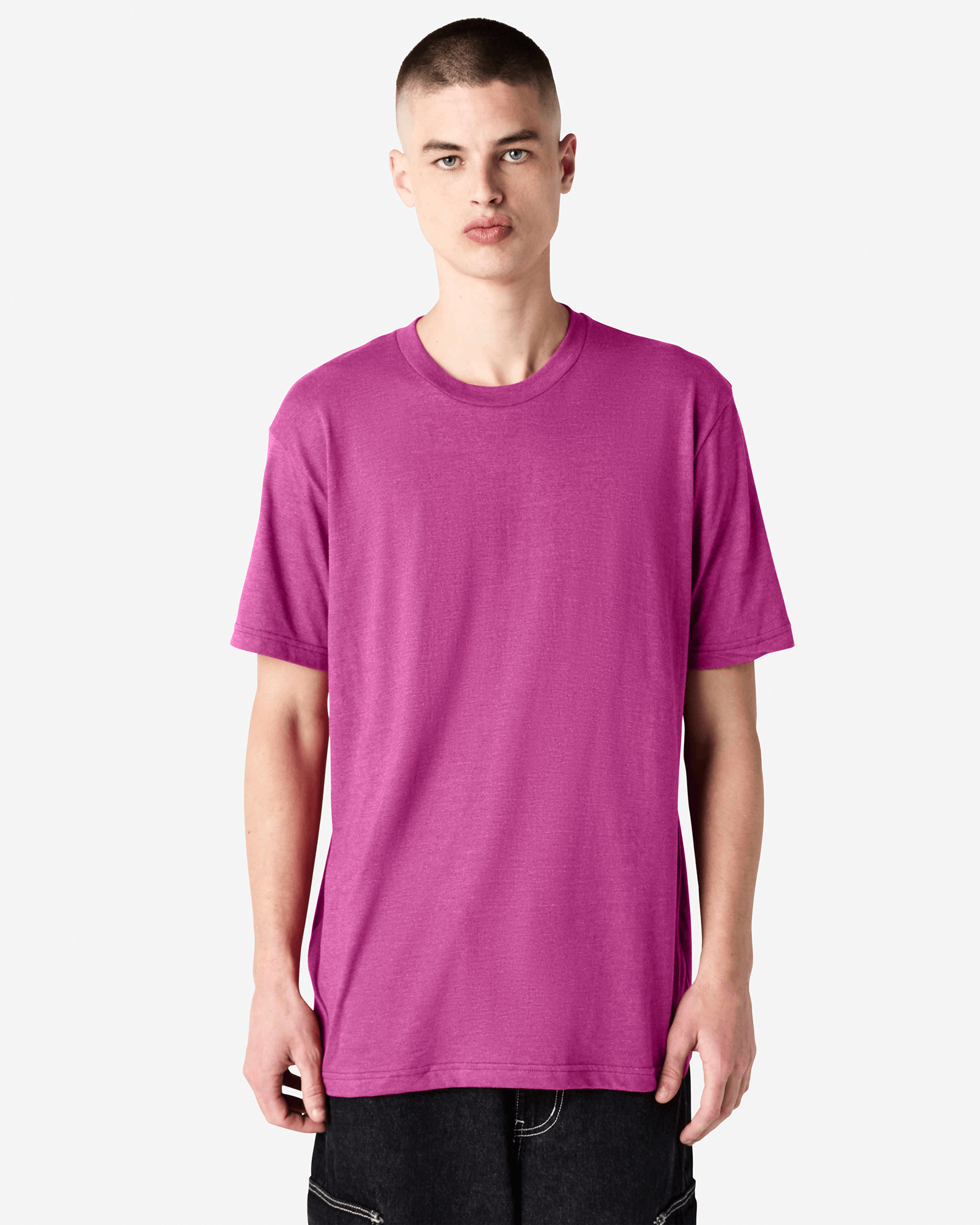 Male model wearing super pink colour CVC Unisex Short Sleeve Crew Neck Tee (front pose) -super pink