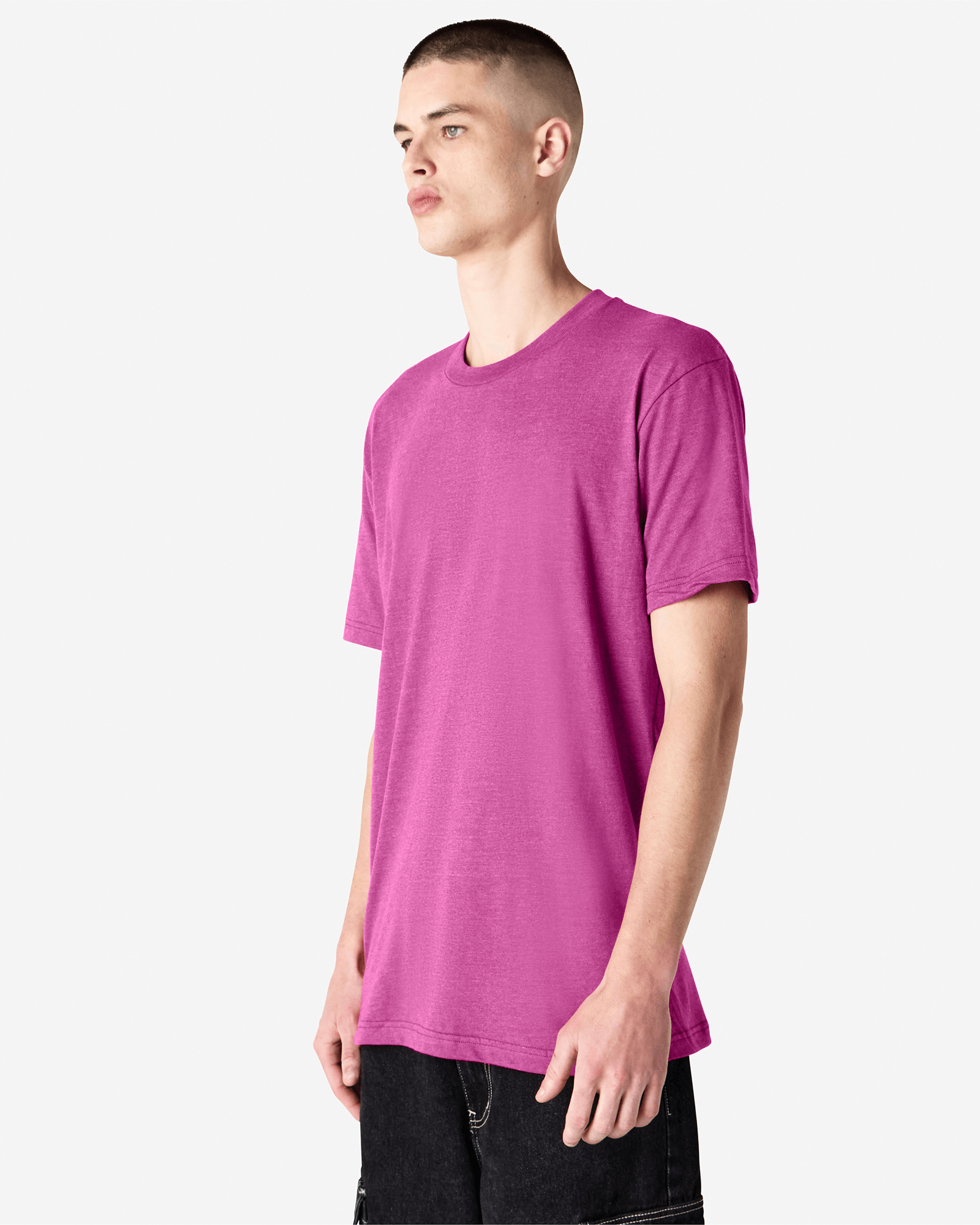 Male model wearing super pink colour CVC Unisex Short Sleeve Crew Neck Tee (front pose) -super pink