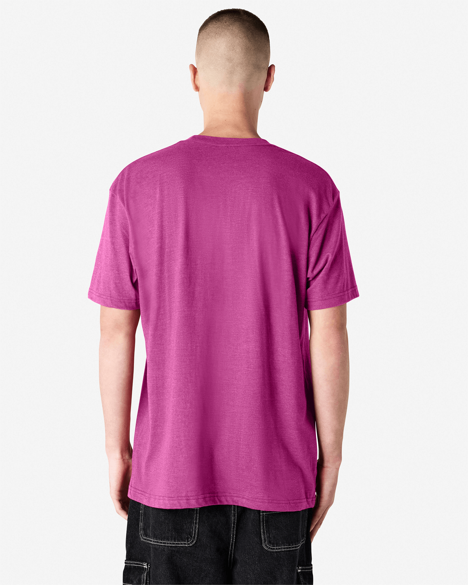 Male model wearing super pink colour CVC Unisex Short Sleeve Crew Neck Tee (back pose) -super pink