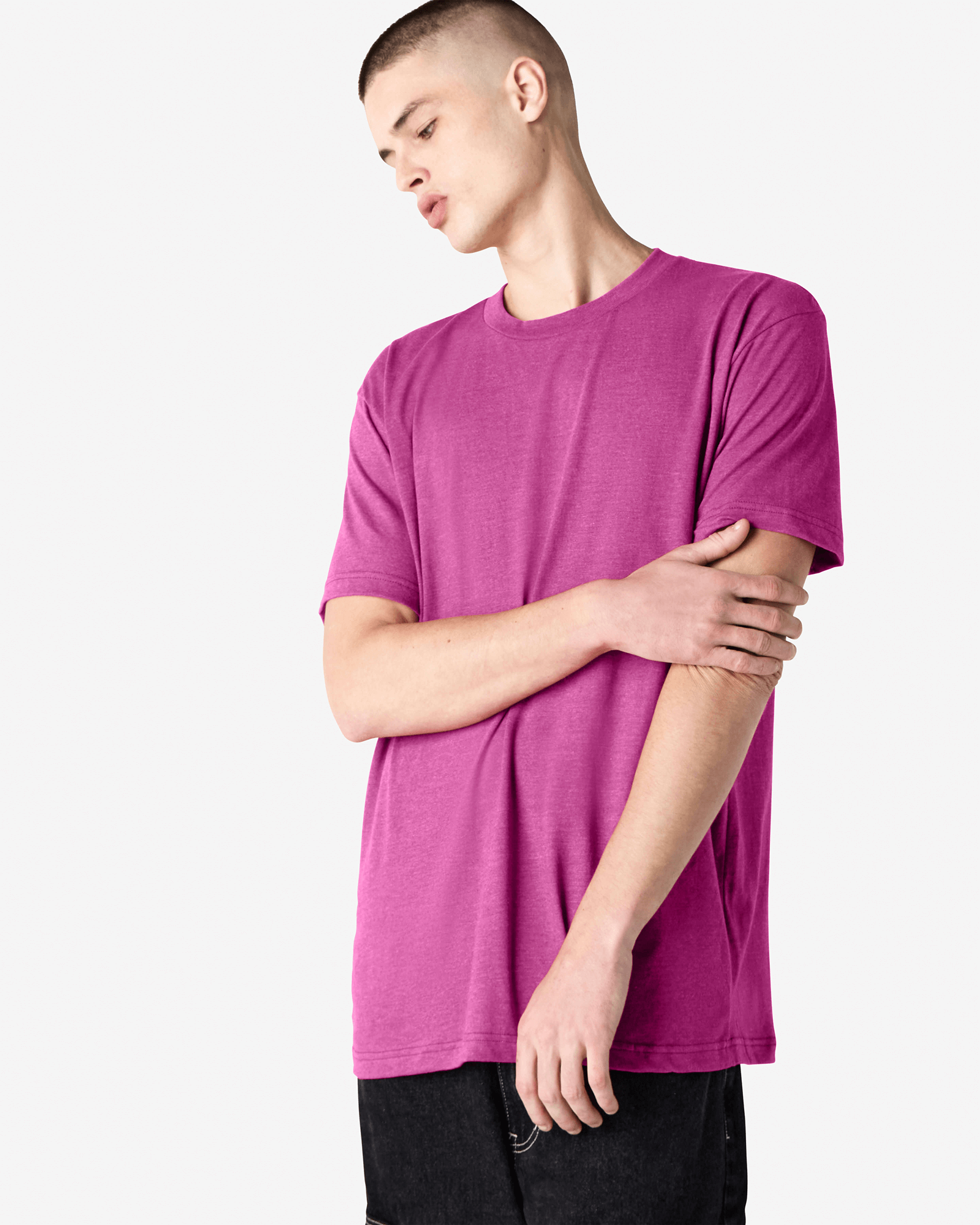 Male model wearing super pink colour CVC Unisex Short Sleeve Crew Neck Tee (front pose) -super pink