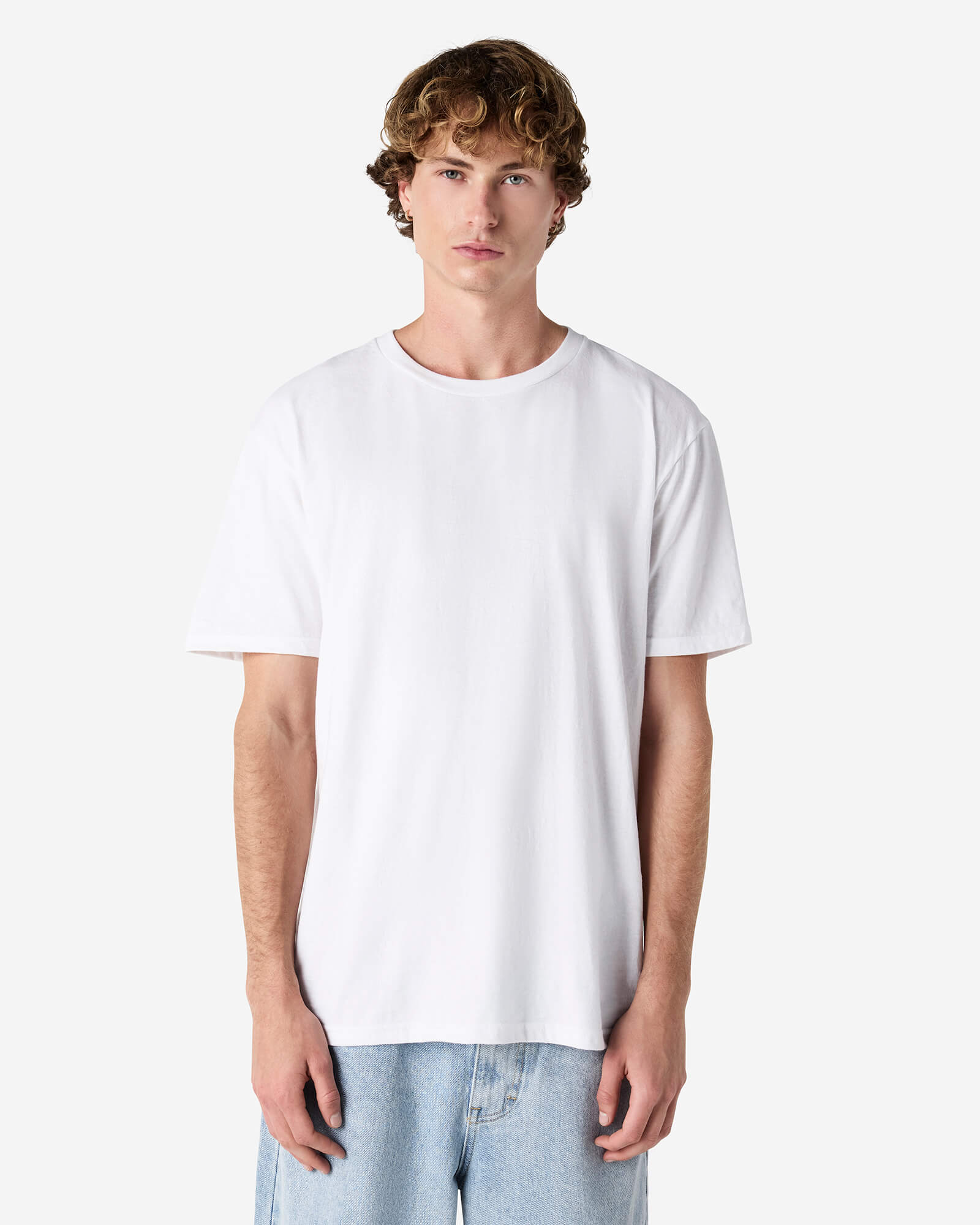 Male model wearing white colour CVC Unisex Short Sleeve Crew Neck Tee (front pose) -white