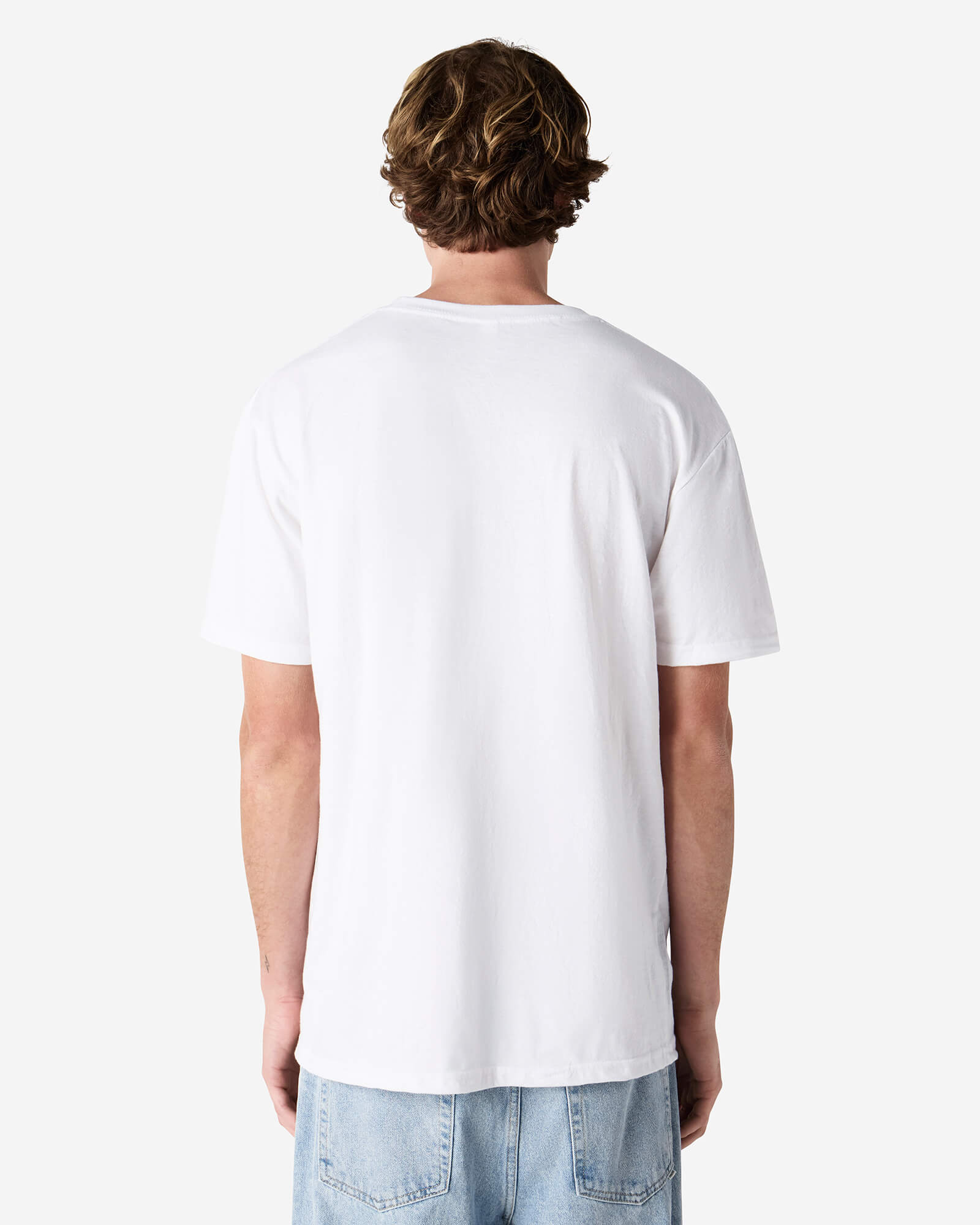 Male model wearing white colour CVC Unisex Short Sleeve Crew Neck Tee (back pose) -white