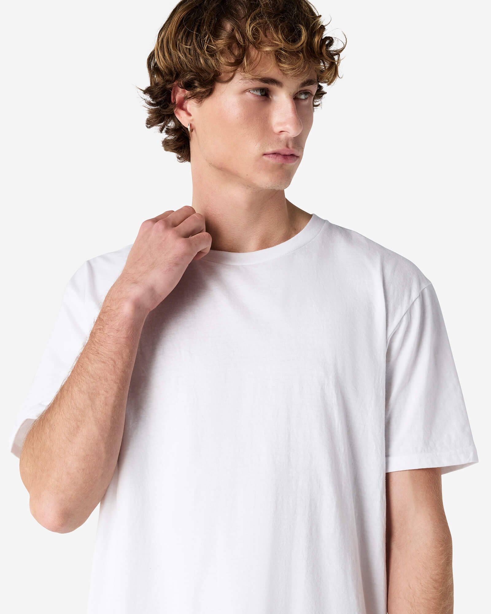 Male model wearing white colour CVC Unisex Short Sleeve Crew Neck Tee (front pose) -white