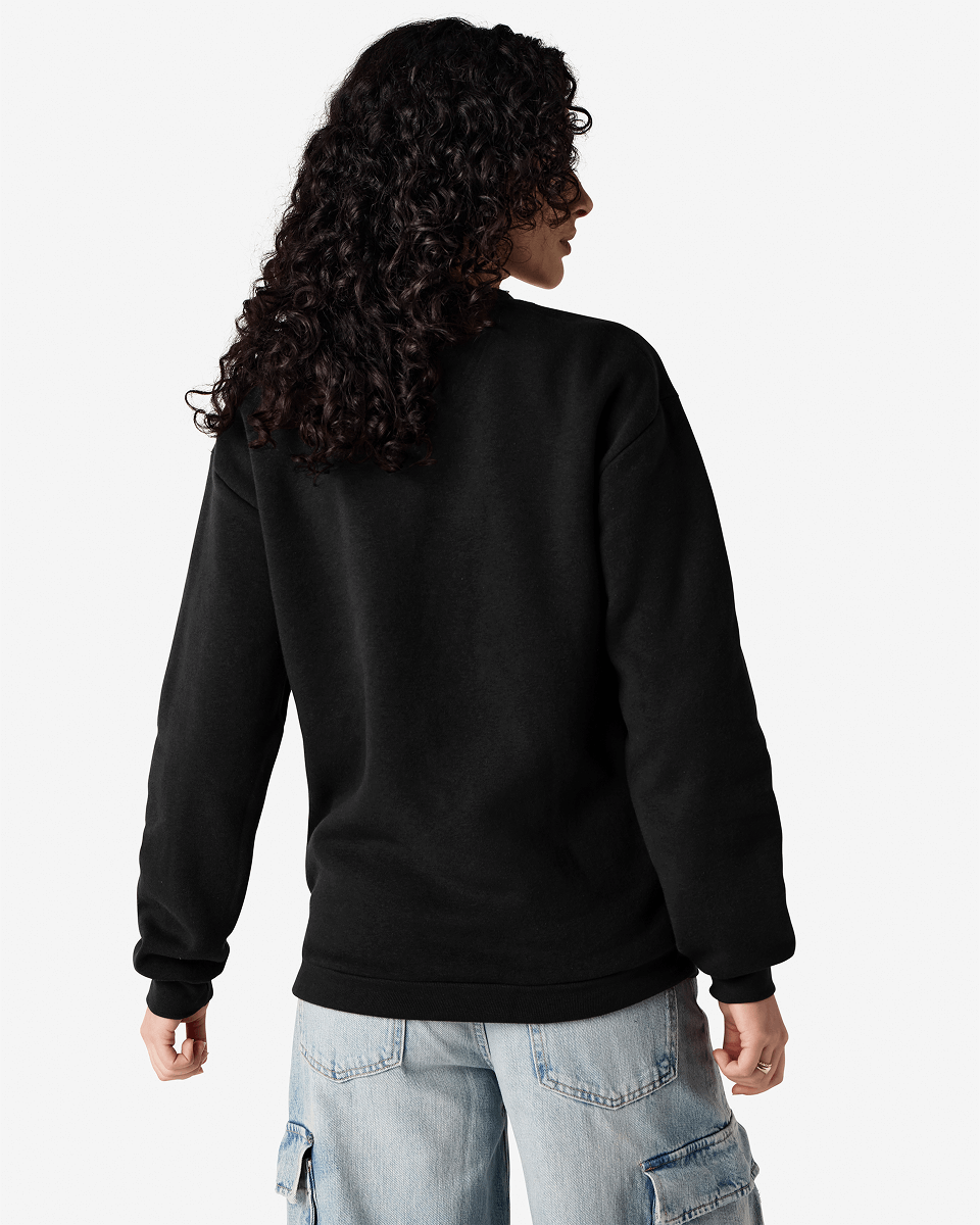 Female model wearing a Reflex Unisex Crewneck Sweatshirt (back pose) -black