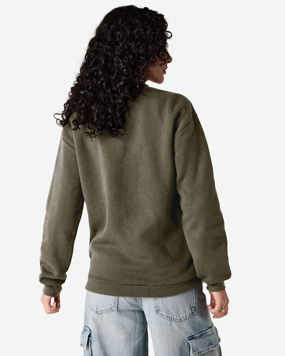 Female model wearing a Reflex Unisex Crewneck Sweatshirt (back pose) -lieutenant